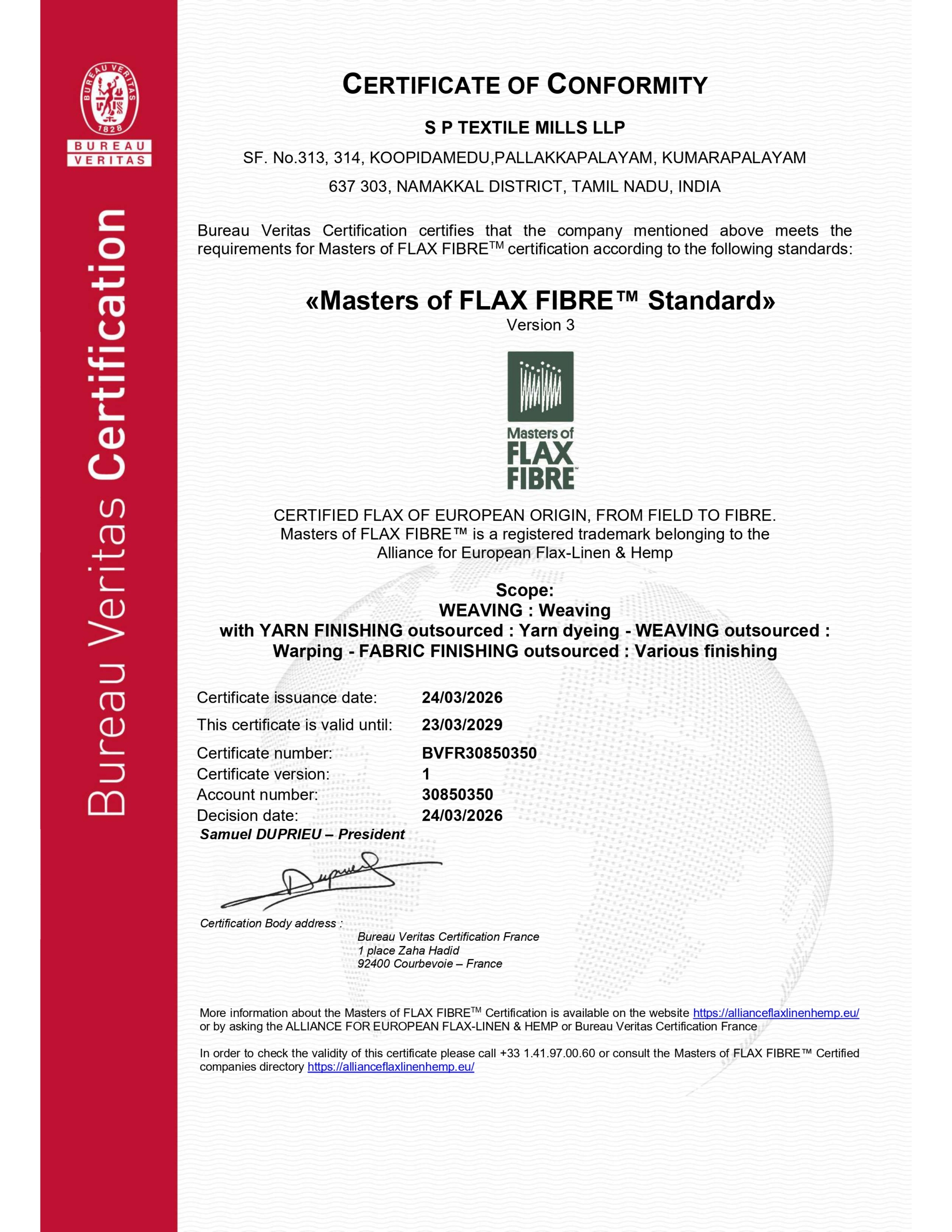 Flax Fibre Certificate