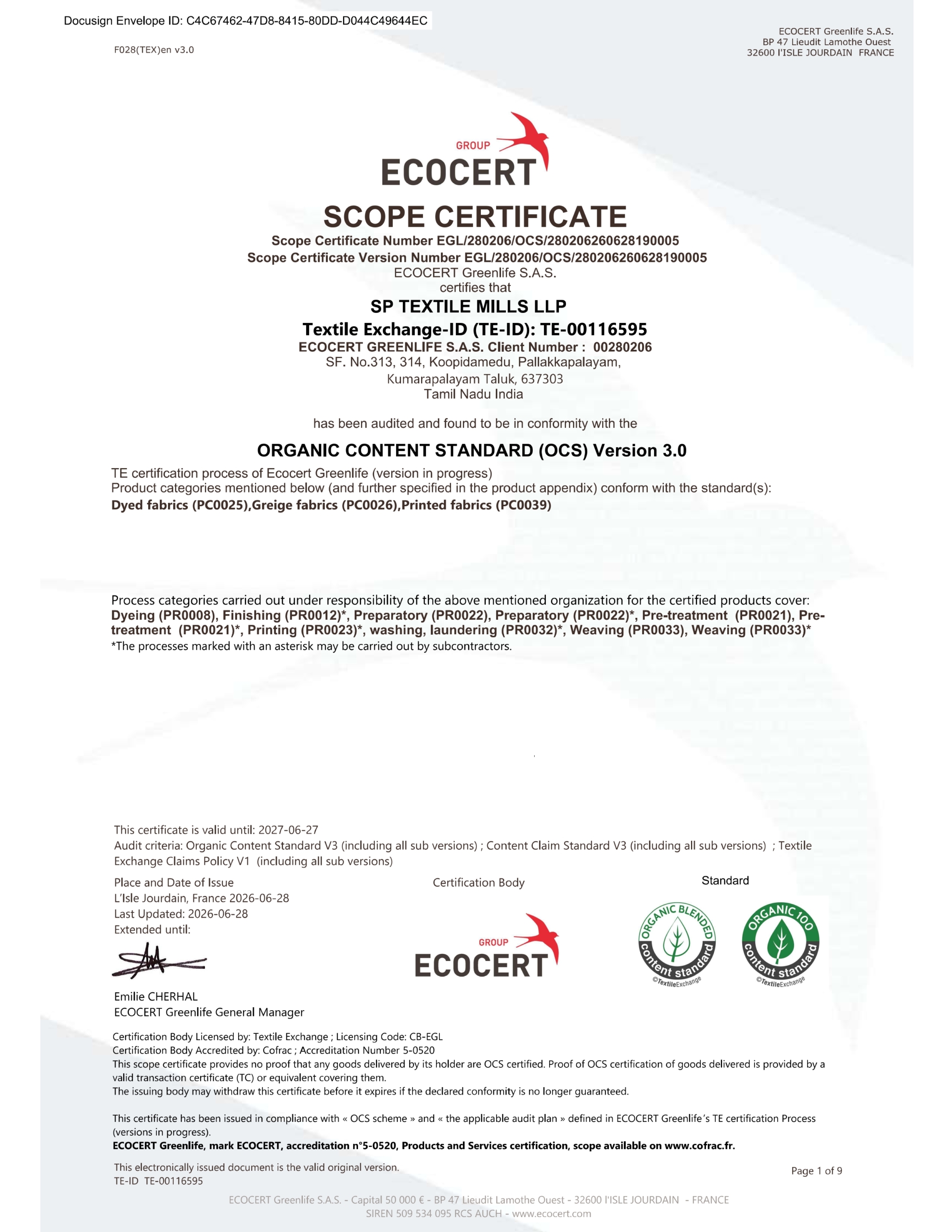 OCS Certificate