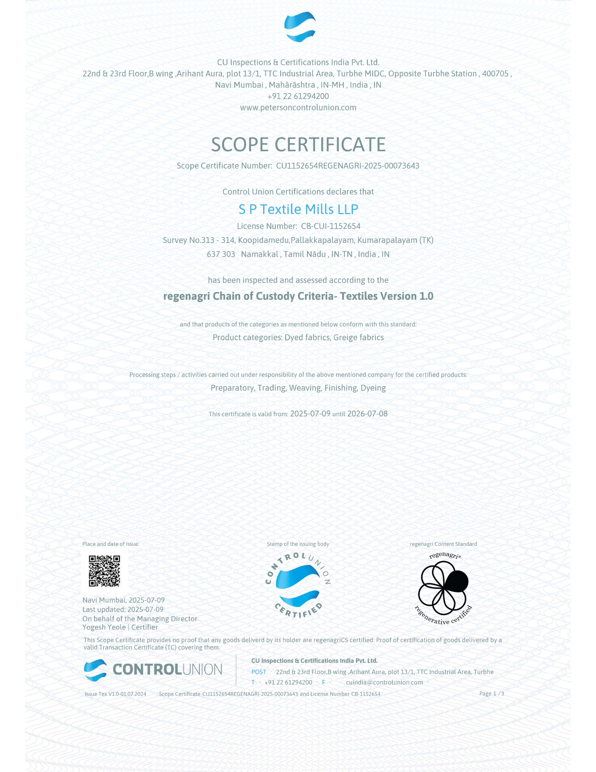 Regenagri Certificate