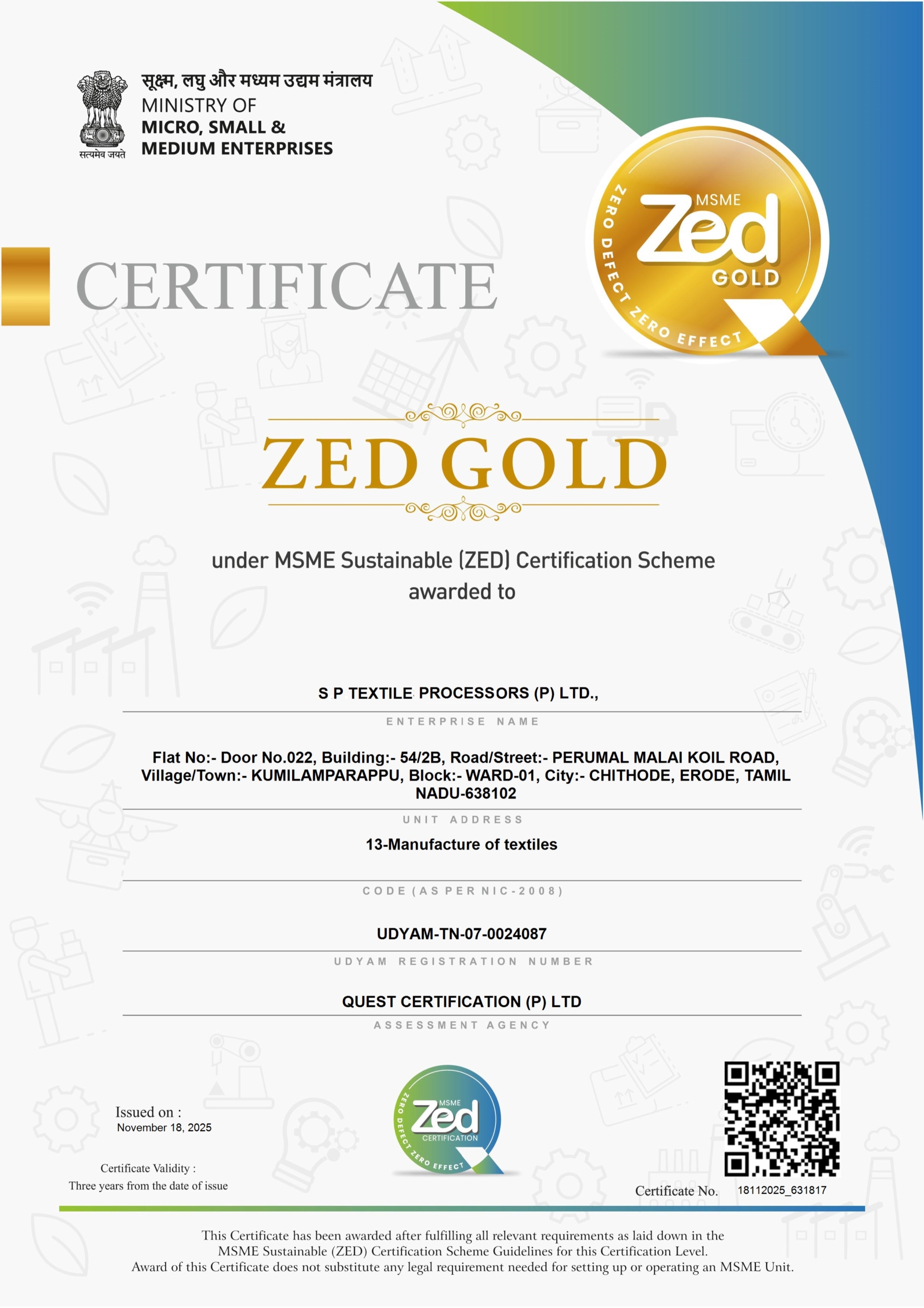 ZED Gold SPTP Certificate